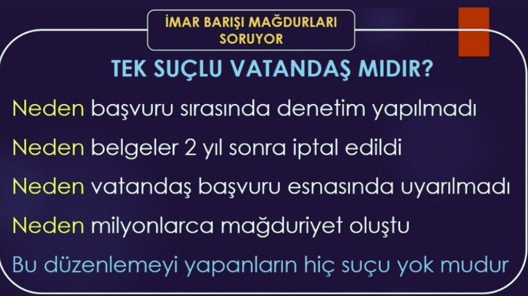 <a href="/55RecepBey55/">Recep Silver</a> <a href="/DrCetinArik/">Çetin ARIK</a> <a href="/Davutgulec38/">Davut Güleç</a> #KocaBirSözYalanOldu
1- Sayın vekilim bizler 2018 ' de ilan edilen #İmarBarışında kurumlara başvuru yapmış  başvurular kabul edildikten sonra yine kurumlara başvuru sahiplerine çıkarılan  ücretleride ödeyerek #YapıKayıtBelgesi alarak evlerinde mutlu mesut oturmaya başlamış ,,,,