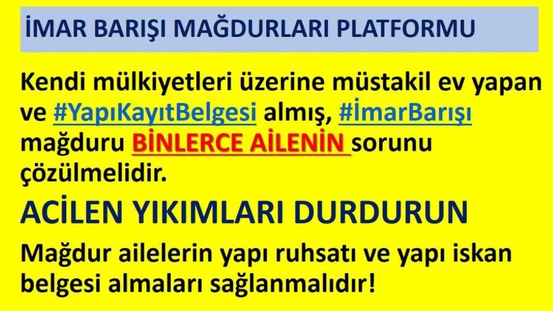 <a href="/55RecepBey55/">Recep Silver</a> <a href="/DrCetinArik/">Çetin ARIK</a> <a href="/Davutgulec38/">Davut Güleç</a> #KocaBirSözYalanOldu
1- Sayın vekilim bizler 2018 ' de ilan edilen #İmarBarışında kurumlara başvuru yapmış  başvurular kabul edildikten sonra yine kurumlara başvuru sahiplerine çıkarılan  ücretleride ödeyerek #YapıKayıtBelgesi alarak evlerinde mutlu mesut oturmaya başlamış ,,,,