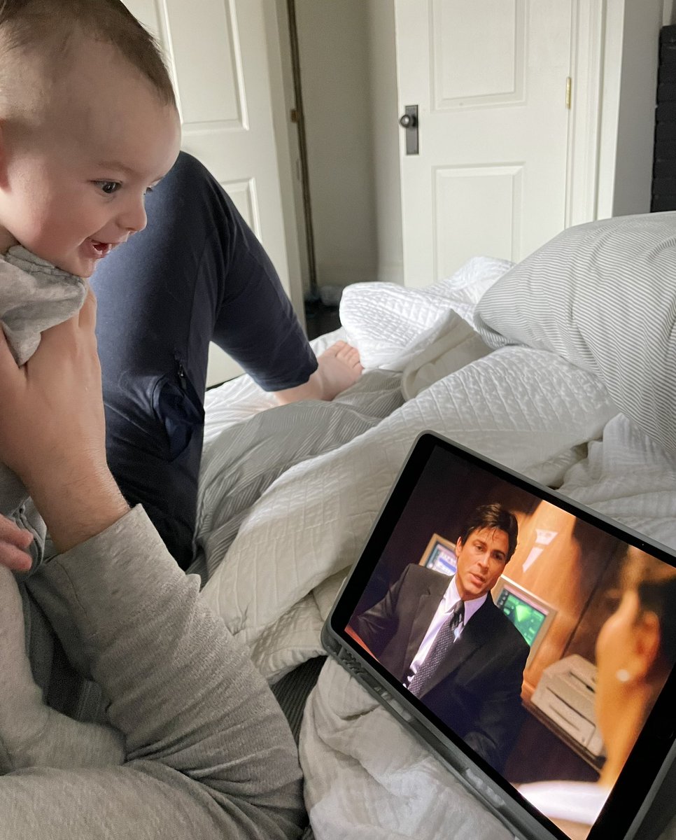 Caity_K's tweet photo. @RobLowe our little guy recently found his favorite show, and character. Here is his reaction whenever Sam is talking on screen, and literally cries whenever Sam isn’t ... CJ is another favorite. @TheWestWing_TV https://t.co/g4LocFRCjX