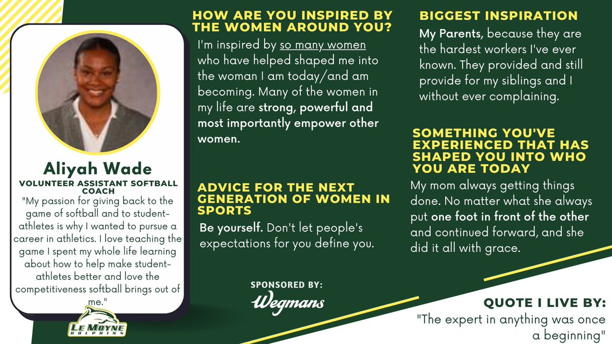 WOMEN IN SPORTS HIGHLIGHT OF THE DAY🐬
Presented by Wegmans!

Today we are celebrating Le Moyne Women’s Softball Volunteer Assistant Coach Aliyah Wade!

#titleix #titleix50thanniversary #womeninsports