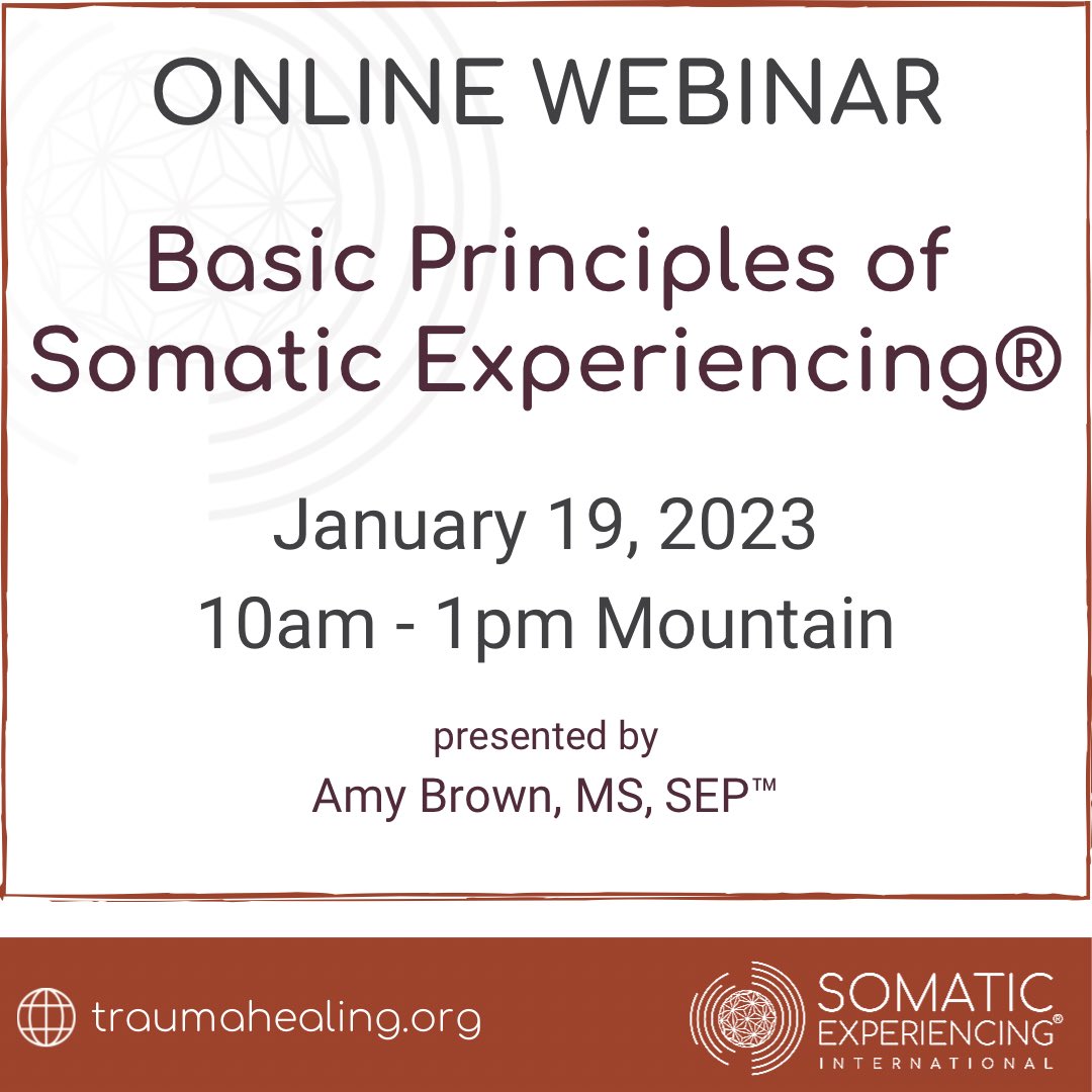 Register: traumahealing.org/Jan23OnlineBas…

#somaticexperiencing #traumahealing #therapists #professionaldevelopment #counselors #mentalhealthprofessionals #healthcareprofessionals #nurses #traumatherapy #nervoussystem #massagetherapists #yogaprofessionals