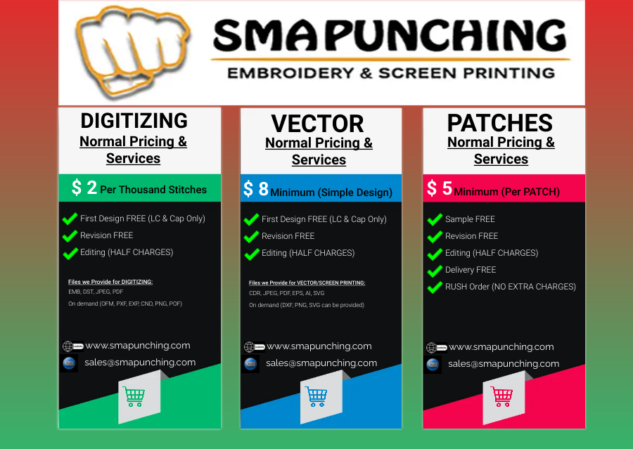 SMAMichael3's tweet image. SMA Punching Pricing,
#embroidery #digitizing #design #vector #screenprinting #color #new #year2023 #FacebookPage #instagram #Twitter #marketing #service #customer #digitize #makeup #revision #stitched #stitching #digitizing #digitizingembroidery #stitches #business #digitizelogo