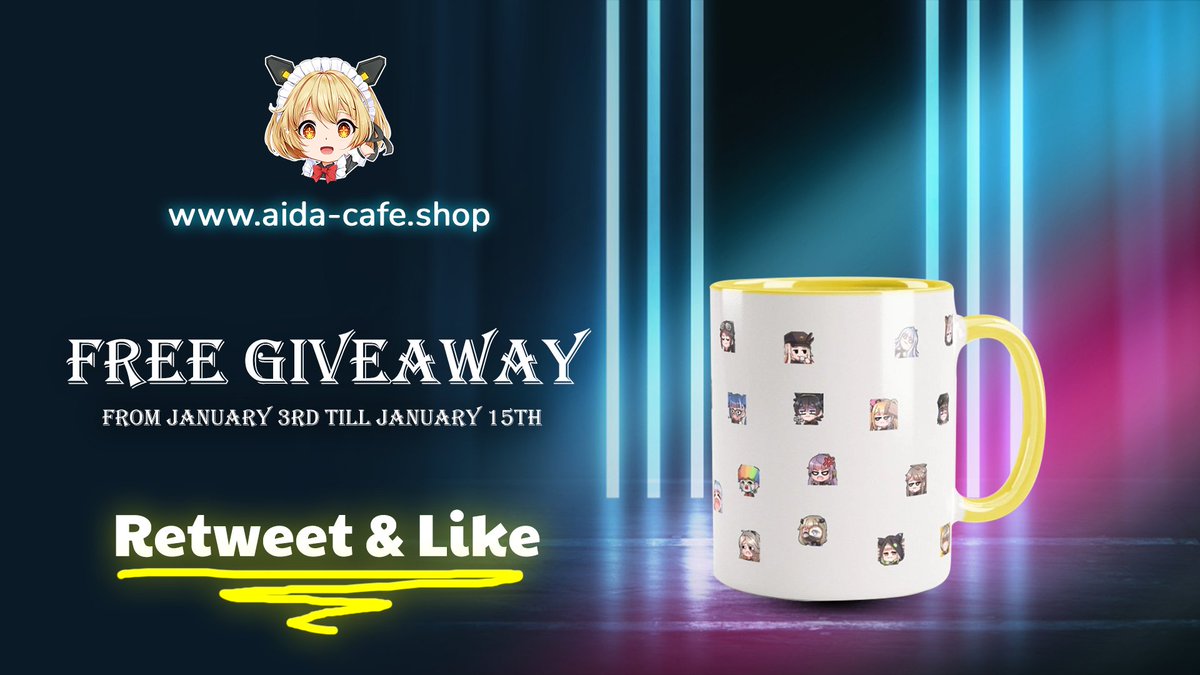 _Aida_Cafe's tweet photo. As for the next Tweet about the giveaway: 

In Celebration for the launch of our web-shop.
We will be holding a giveaway of 1x Aida Cafe emoji pack Mug  

All you have to do is:
Like &amp; Retweet! 

🎉1 Winner will be selected by the end of January 15th.🎉 https://t.co/HQZqxocxat