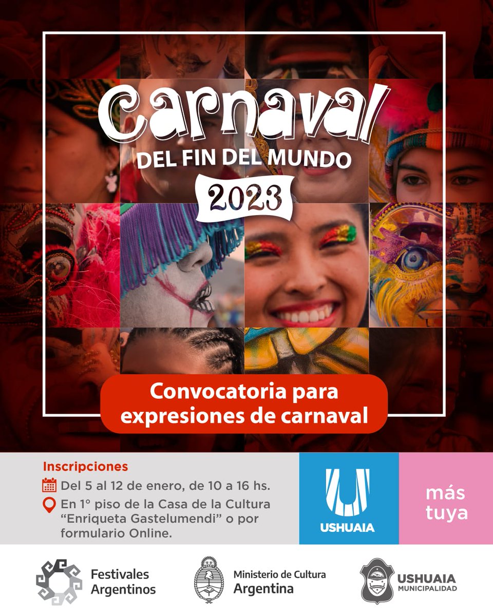 UshuaiaMuni's tweet photo. Informamos a vecinos y vecinas que se encuentra abierta la convocatoria para expresiones de carnaval de cara a lo que será el Carnaval del Fin del Mundo 2023. 
✍️ Quiénes deseen inscribirse lo podrán hacer desde el 5 al 12 de enero de 10 a 16h en la Casa de la Cultura. https://t.co/8KA5LiSSQE