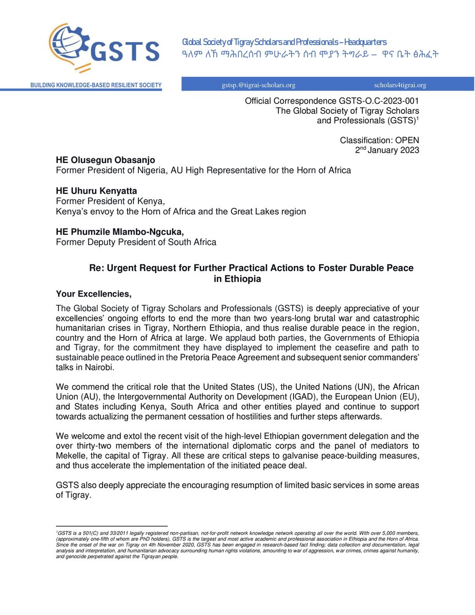 GlobalGsts's tweet photo. GSTS applauds the commendable steps taken thus far to end the more than 2 years-long war &amp; catastrophic humanitarian crisis in Tigray, Northern Ethiopia. In line with these efforts &amp; the aims &amp; goals of the Pretoria Cessation of Hostilities Agreement (CoHA), we would like to⤵️ https://t.co/wh2bcpVjoV