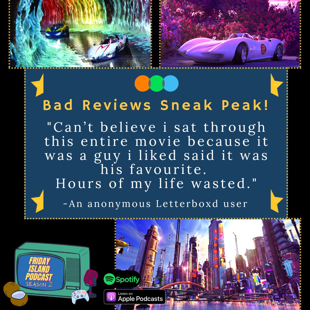 FridayIslandPod's tweet photo. Our final Bad Reviews sneak peak had to be a banger… 😢 😭

S2E53: FINALE - #SpeedRacer (2008) &amp; Gettin Sentimental is out on all #podcast streaming platforms now!
🏝️📺

https://t.co/kL4H46oRKt

#moviepodcast #finale #finalepisode #final #anime #review #reviews #Letterboxd #film https://t.co/jXEJOI2HB3