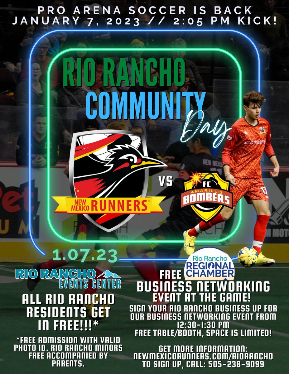 nmrunners's tweet photo. #RioRancho businesses! Sign up for our FREE business networking event at our 1st home game on Saturday Jan 7 presented by @RRRchamber! 12:30-1:30 PM, then exciting arena soccer after!⚽ Space is limited: https://t.co/93p2kz9o9G
#nmrunners #nmsoccer #b2b #supportlocal #arenasoccer https://t.co/kFGuM5XGr5