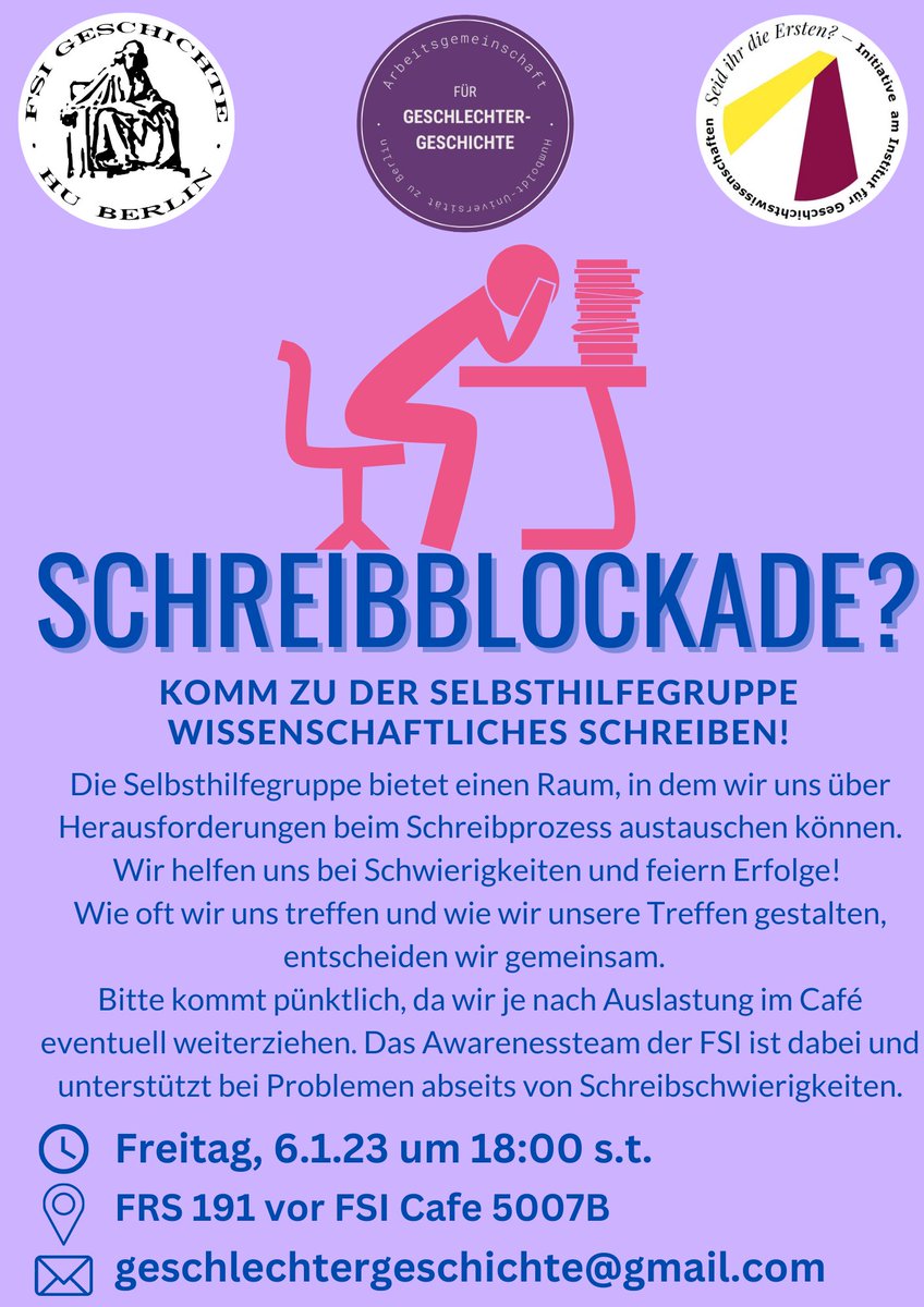 Am 6.1/18:00 findet das nächste Treffen unserer Selbsthilfegruppe wissenschaftliches Schreiben statt. Die Gruppe bietet einen Raum, in dem wir uns über Herausforderungen beim Schreibprozess austauschen können. Für andere Probleme ist das Awarenessteam der @FSIGeschichteHU dabei!