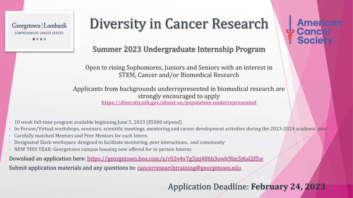 @LombardiCancer 's @ACS_Research -funded Diversity in Cancer Research Summer 2023 internship program is open for applications 🎉! New this year? Our 10-week paid internship program provides on-campus housing! 1/2