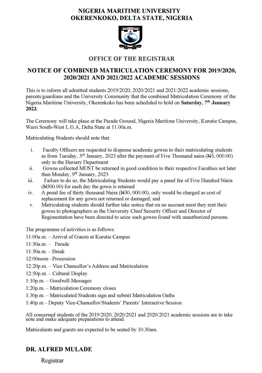 Notice of Combined Matriculation