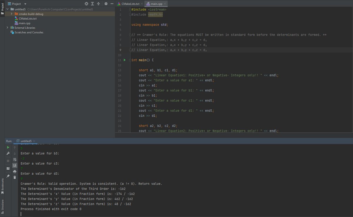 TangoDownJohnny's tweet image. 11. Cplusplus and creating more C++ode for fun.
** Solving Systems of Three Linear Equations in Three Unknowns by Determinants.
---
C++20 CLion software by JetBrains.
More to follow !! Thanks for viewing !!
#Cplus #cplusplus #coding #cplusplusdeveloper #JetBrains