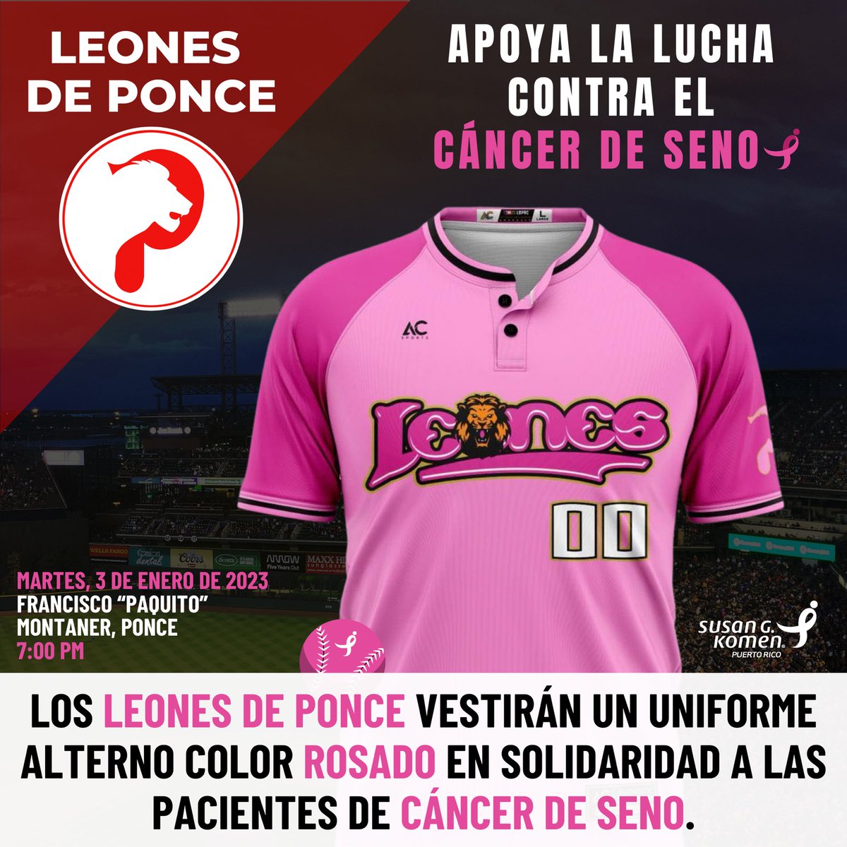 komenpr's tweet image. Comenzamos el 2023 en Ponce, ciudad de los Leones 🦁 

Ven con nosotros al juego entre los Leones de Ponce🦁 VS los Cangrejeros de Santurce🦀.

Mañana martes, 3 de enero de 2023 a las 7:00 p. m. en el Estadio Francisco Paquito Montaner de Ponce. #KomenPR