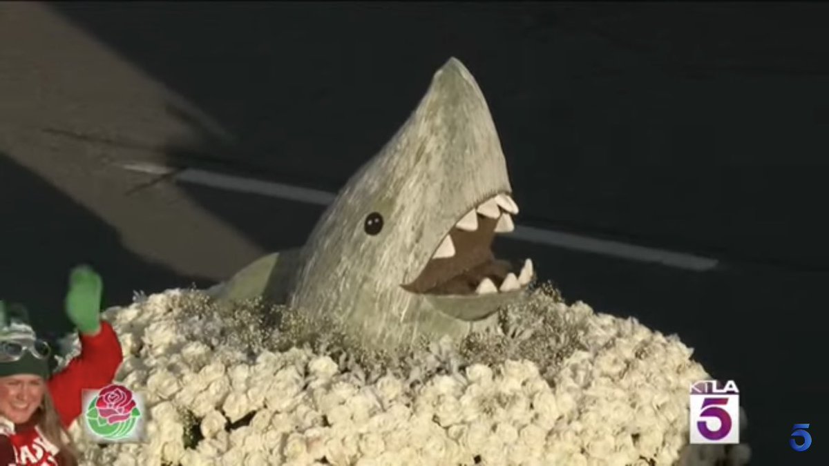 m_mccoskey's tweet photo. For me, the most entertaining part of the Rose Parade was the shark chasing the Trader Joe’s float #KTLA https://t.co/YjesCNXgio