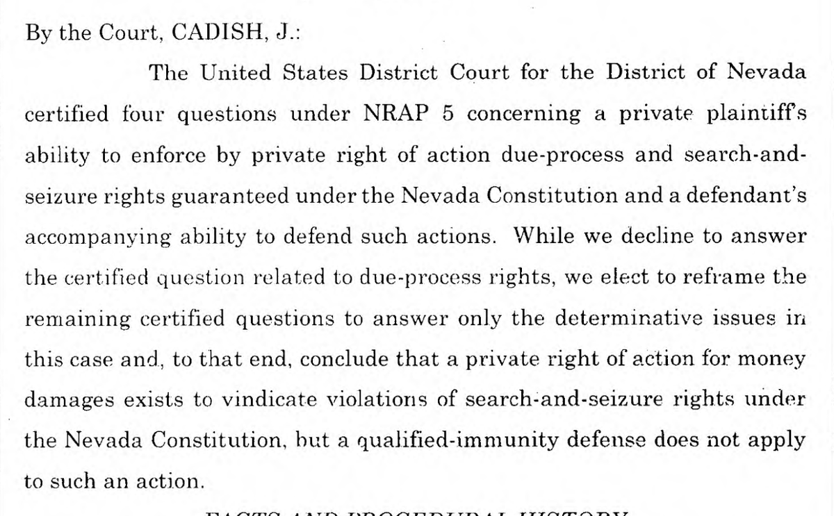 NOTEWORTHY: Nevada Supreme Court holds that the state constitution recognizes a civil cause of action for damages for violating the state equivalent of the 4th Amendment—and there is *NO* qualified immunity defense to that claim. 
Download opinion: caseinfo.nvsupremecourt.us/document/view.… #N