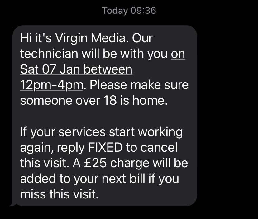 Dear <a href="/virginmedia/">Virgin Media ❤️</a>, I have been paying for a broadband service that is not fit for purpose and you have the audacity to threaten me with a fine if I miss the technician?! Awful customer service.