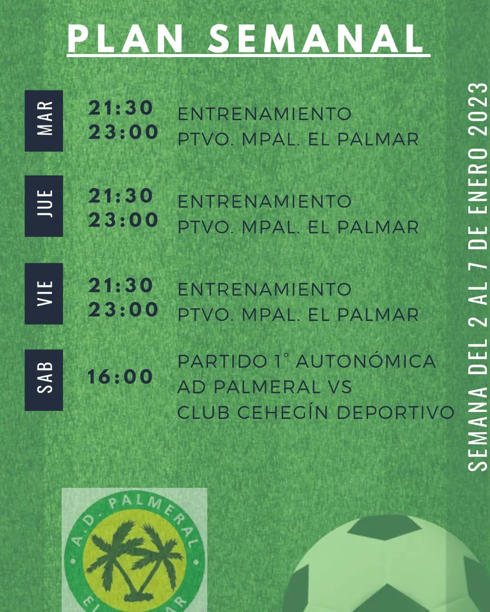 MURADPALMERAL's tweet photo. Empezamos el año dejando el plan semanal de nuestro #ADPalmeral de 1era y 2da autonómica. Os deseamos a todos un feliz año. 💚🖤⚽
#futbolmurcia #futbolregional #rrff #nuevoaño #equipo https://t.co/YcOerS7fgU