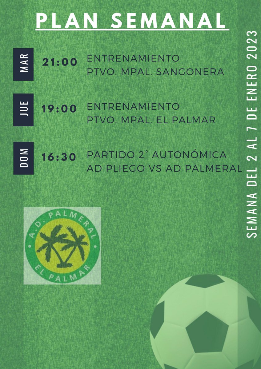 MURADPALMERAL's tweet photo. Empezamos el año dejando el plan semanal de nuestro #ADPalmeral de 1era y 2da autonómica. Os deseamos a todos un feliz año. 💚🖤⚽
#futbolmurcia #futbolregional #rrff #nuevoaño #equipo https://t.co/YcOerS7fgU