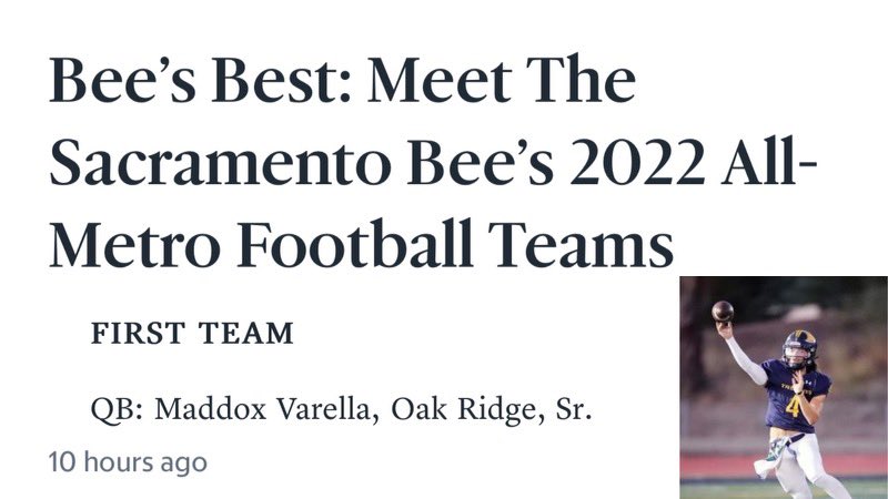 MaddoxVarella's tweet image. Honored to receive All-Metro 1st team QB by @SacBee_JoeD . Couldn’t do it without my teammates or coaches. @coachtoakridge @CoachMarcoBaldo @jlawson707 @BrandonHuffman @CoachE916