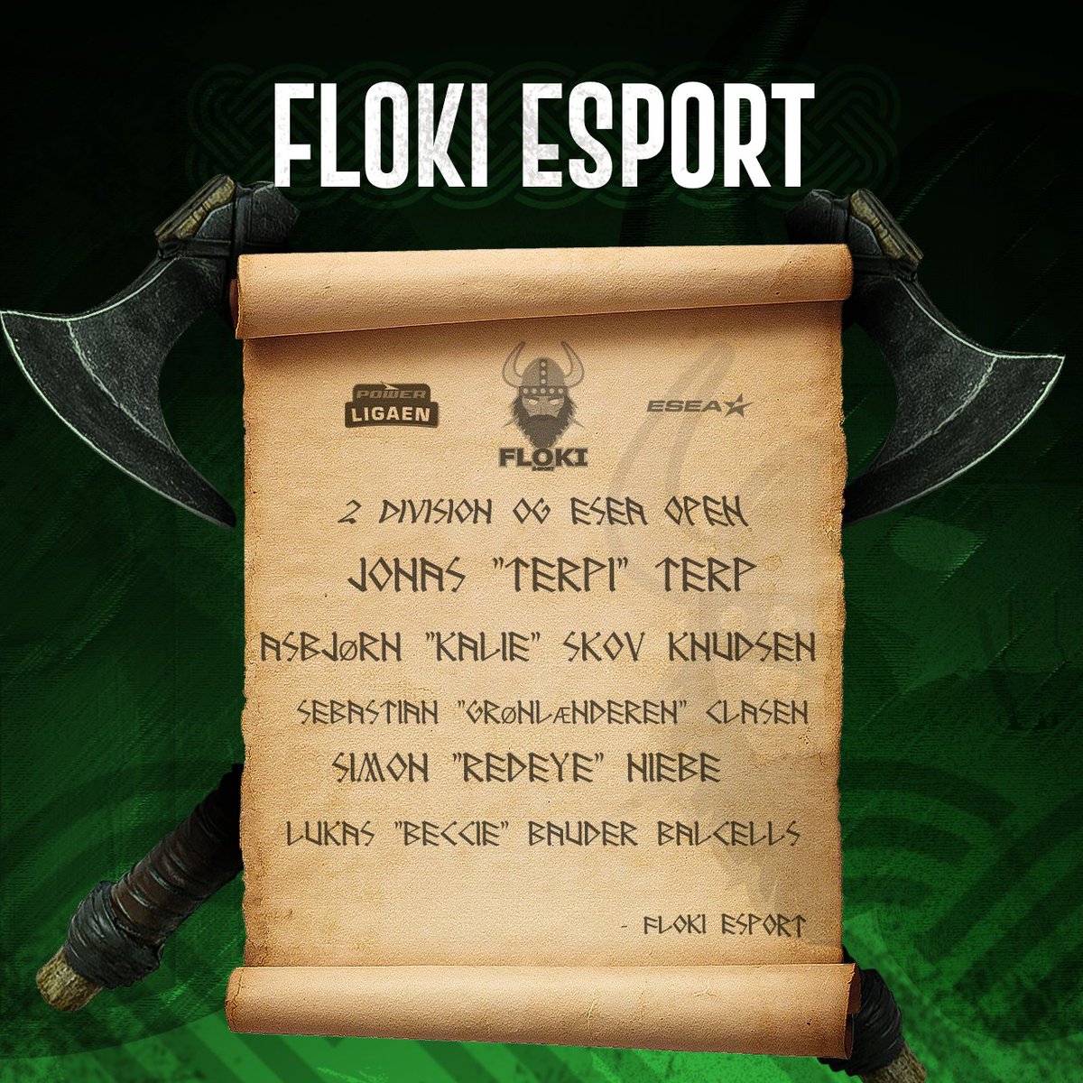 Så har vi endnu et lineup klar til kommende sæson❗️
De kommer til at spille i 2.div i Powerligaen og Esea open⚔️
Vi glæder os til at se dem i aktion om få uger😀
<a href="/terp_jonas/">Terpi</a> 
@Kal1eCSGO 
<a href="/Gronlanderencs/">Sebastian Clasen</a> 
@RedEyeCSGO 
<a href="/beccieFc/">Beccie</a>