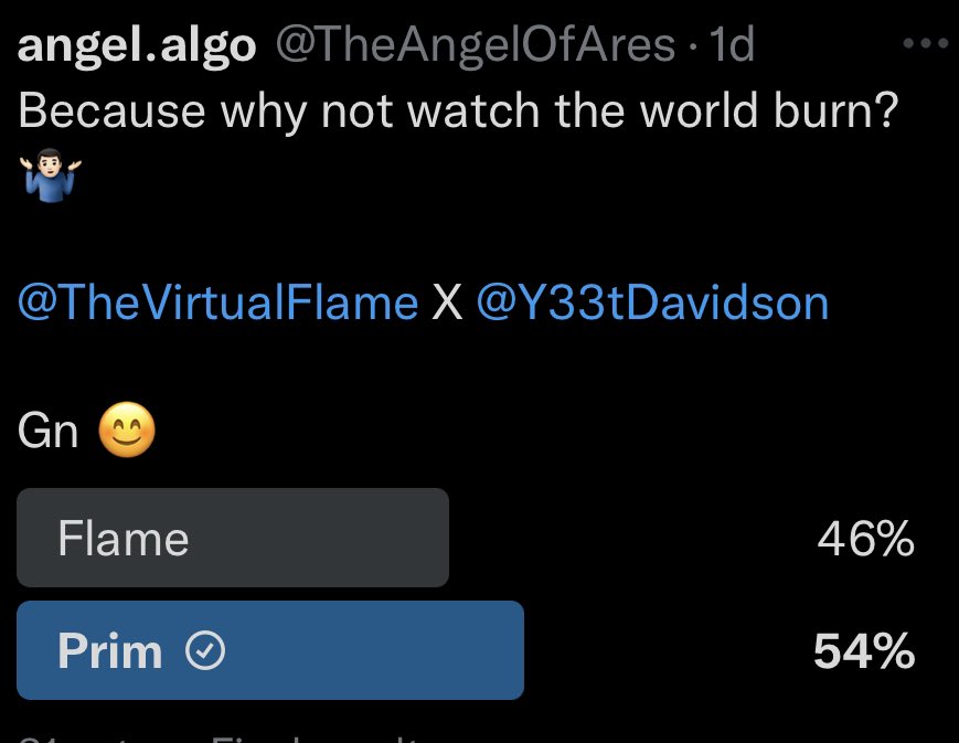 0xprimdotfun's tweet photo. Imagine having twice my follower account and losing this to a guy with a plunger in his name, @TheVirtualFlame… imagine that… https://t.co/F4iASRqQBA