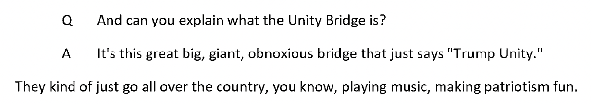 ExtremeMichigan's tweet photo. Well, @Magabridedress, testified truthfully. The Unity Bridge is obnoxious. #Jan6Report https://t.co/L5MvDffPdN