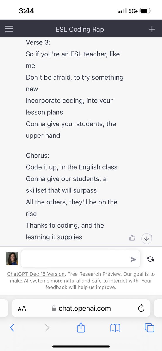 HollySawyerESL's tweet photo. #AI, all ya’ll! #ChatGPT a rap for me on why #ESL teachers should incorporate coding in their language instruction, but don’t take my word for it! #codeitup #CSforall #edtech 🎧🎶 https://t.co/fjVodZklLQ