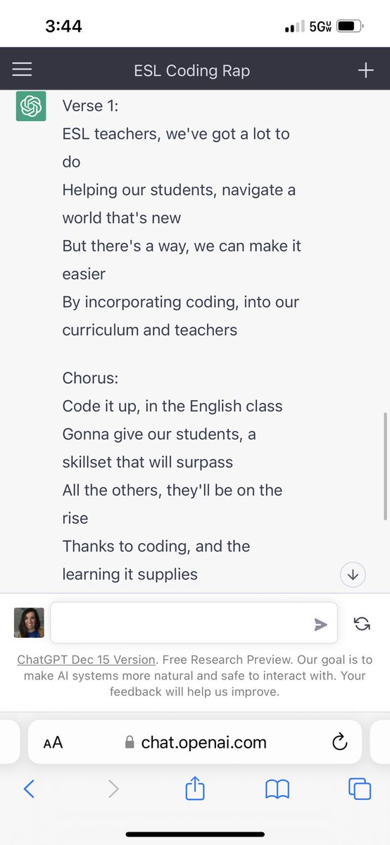 HollySawyerESL's tweet photo. #AI, all ya’ll! #ChatGPT a rap for me on why #ESL teachers should incorporate coding in their language instruction, but don’t take my word for it! #codeitup #CSforall #edtech 🎧🎶 https://t.co/fjVodZklLQ