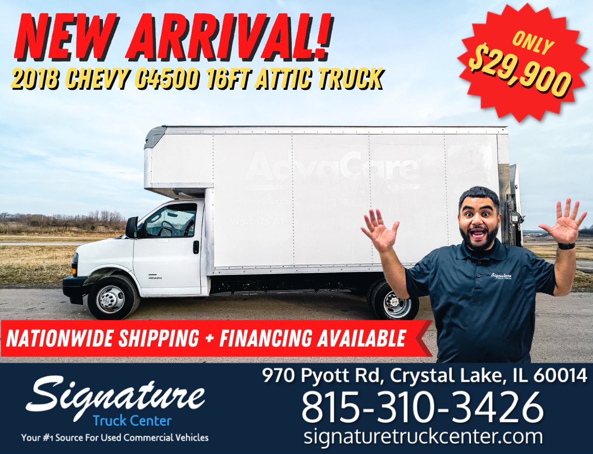NEW ARRIVAL! 2018 Chevrolet G4500 16ft Attic Truck is now available! This truck has side door access, lift gate, and attic storage! This won't last long!

Contact our Sales Team at 815-310-3426.