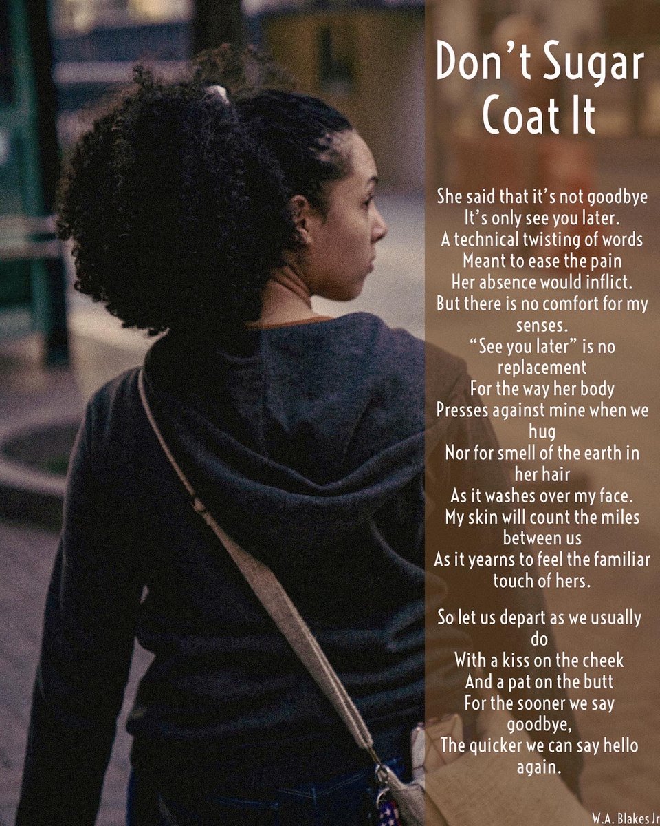 B20Photos's tweet photo. People try to lessen the pain of a goodbyes by sugar coating them. Goodbyes suck and there’s no getting around that.
⠀
#poetry #blackpoets #poetrycommunity #poetrylovers #notgoodbye #notgoodbyebutseeyoulater ##goodbyessuck #poetrytribe #bestfriends #streetphotography https://t.co/WqaYRhuwpa