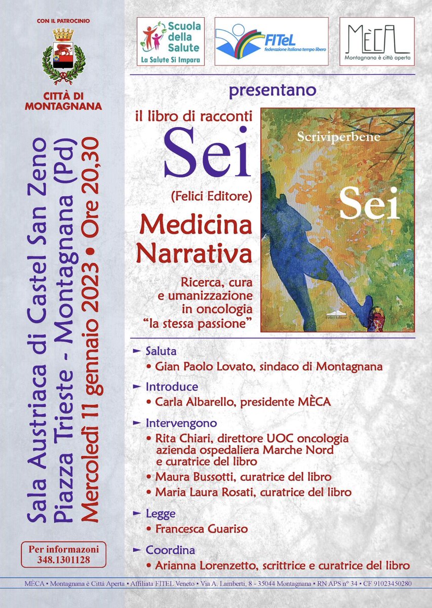 L’11 gennaio prossimo si terrà a #Montagnana la presentazione del libro di racconti “Sei” sulla #MedicinaNarrativa.

L’invito e il programma 👇