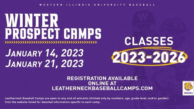 Coach Keeran (@coachkeeran07) on Twitter photo Sign up at Leatherneckbaseballcamps.com
Great experience & opportunity to be evaluated by the <a href="/WIUBaseball/">Western Illinois Baseball</a> coaching staff & check out the campus in MacVegas. #TraditionOfTough 🟣🟡🐾 Sign up at Leatherneckbaseballcamps.com
Great experience & opportunity to be evaluated by the <a href="/WIUBaseball/">Western Illinois Baseball</a> coaching staff & check out the campus in MacVegas. #TraditionOfTough 🟣🟡🐾
