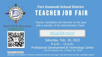 FZSDSUPT's tweet image. We&apos;re hiring for 2023-24! The Fort Zumwalt School District is excited to welcome potential teachers to attend our certified job fair, February 18, 2023.  Interview on the spot! Please visit go.FZSD.us/JobInterview to request your time today! #work4FZSD #findYOURdirection