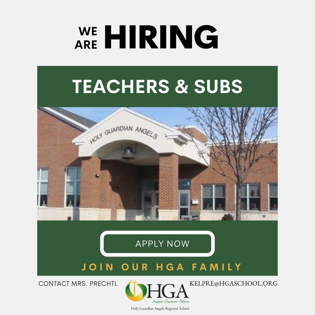 #MySchoolMonday We are hiring! If you would like to join our HGA family please contact Mrs. Prechtl at kelpre@hgaschool.org
#HGASchool #Inspire #Discover #Believe