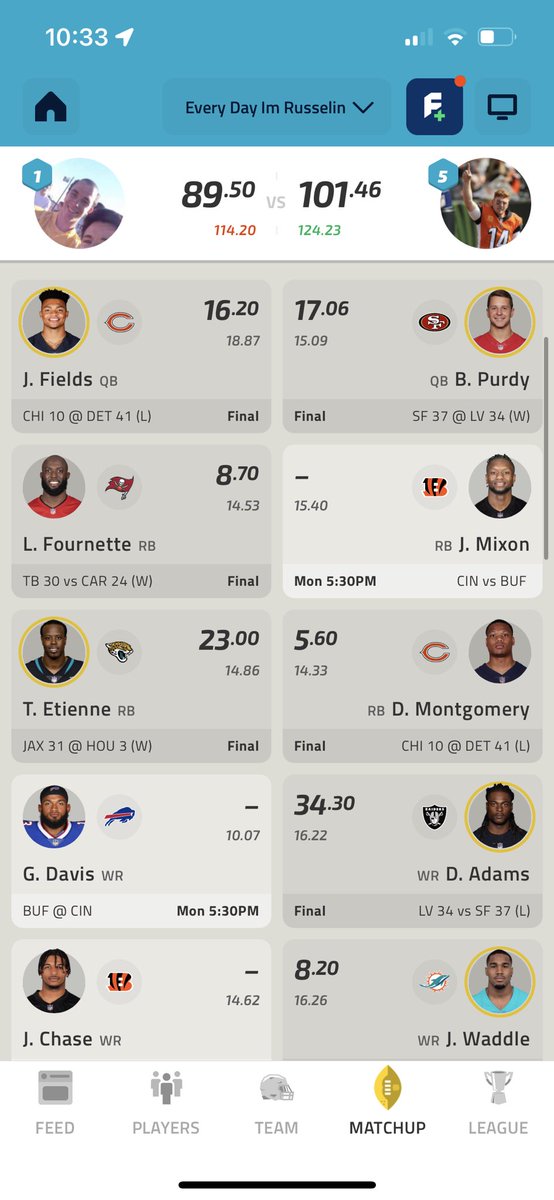 CodySavolt's tweet photo. @NFLFantasy @NFL Need chase and Davis to go off https://t.co/sy4bFlOFFh