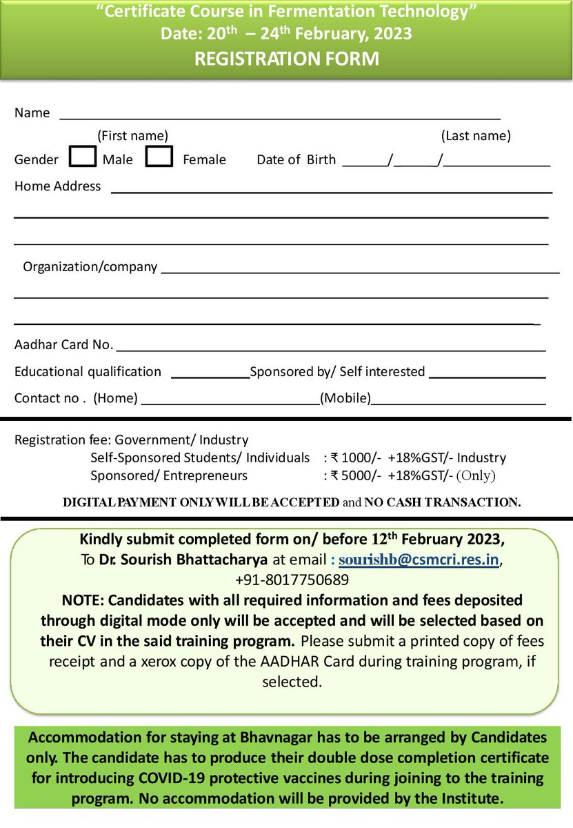 sourish007's tweet photo. CSIR-CSMCRI is conducting 5 days (20th February 2023 to 24th February 2023) on Skill Development Programme on Fermentation Technology. Applications are to be submitted to sourishb@csmcri.res.in or to the link - https://t.co/gzQbZ1tqsx
 #biotechnologyindustry #biotechstartup https://t.co/J7r4FxnhSz