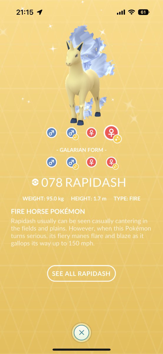 aPokespokes's tweet photo. Thought of you @M3wTw01ce…
The sad thing is, my dex says I have the shiny Rapidash… but I have no shiny rapidash 🥲💔
#PoGO #PokemonGO #ShinyPokemon #ShinyCheck #ShinyCatch #WildShiny #LostPokemon #SadTimes https://t.co/OQI9sbVzUb