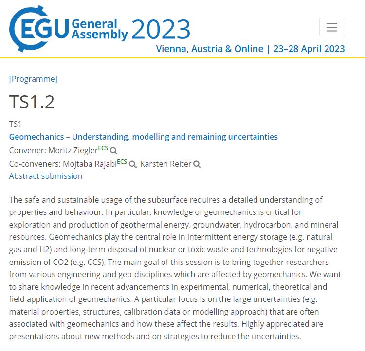 Working on any aspects of geomechanics?
Still time to submit an abstract in our #EGU23 session: Geomechanics – Understanding, Modelling and Remaining Uncertainties.
Deadline: 10 January: meetingorganizer.copernicus.org/EGU23/session/…