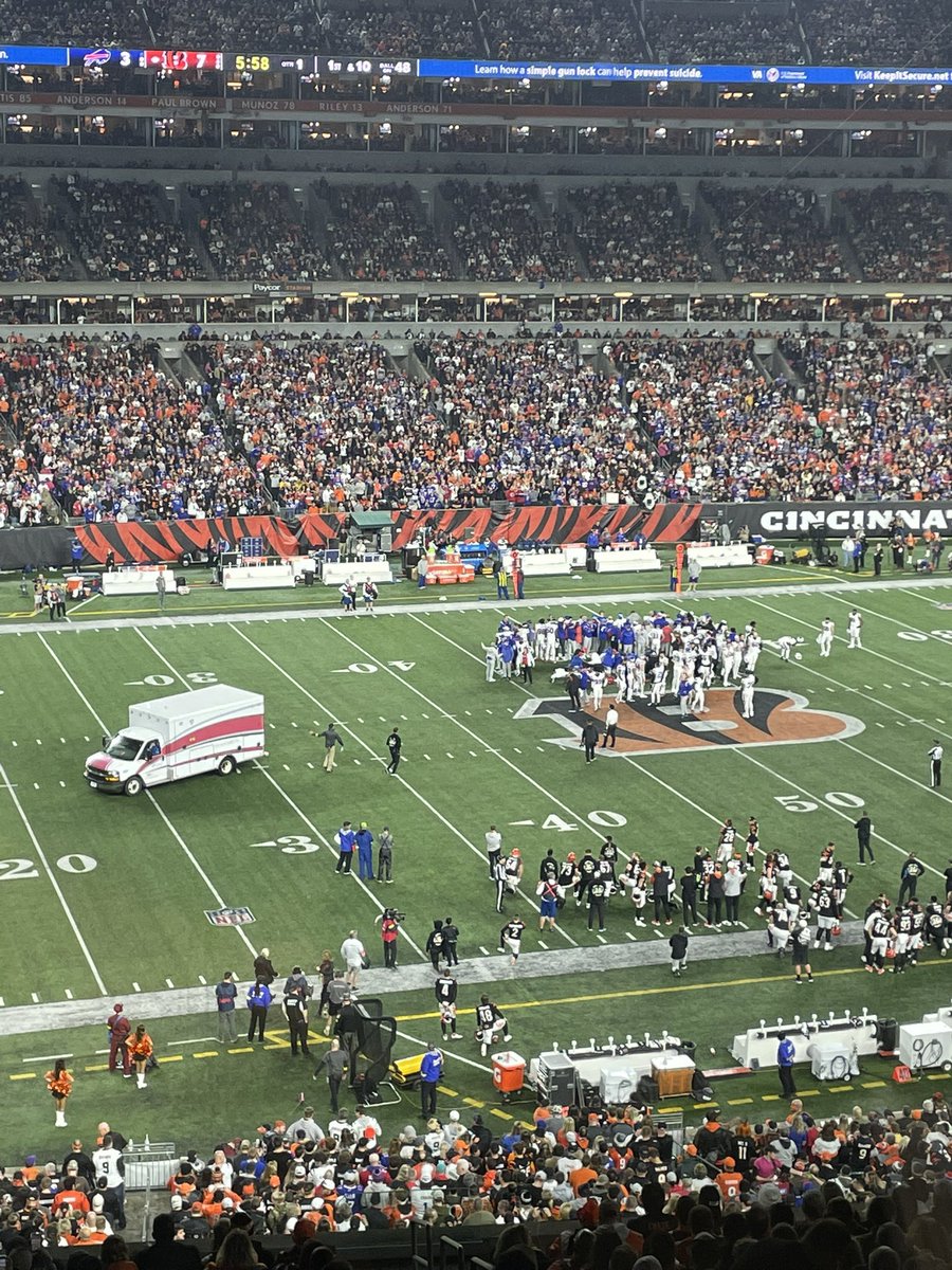 PFF's tweet image. The ambulance is coming out for Damar Hamlin after a scary hit

Prayers up 🙏

(📸 @Ben_Baby)