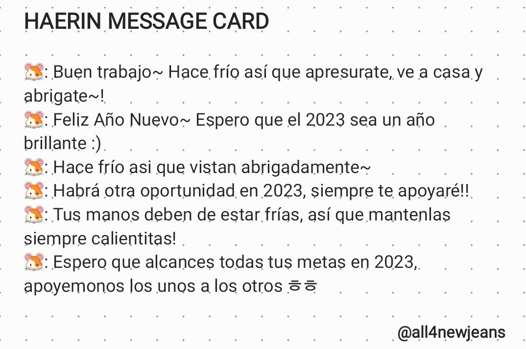 all4newjeans's tweet photo. [#해린] 230102 ㅡ COMEBACK

Mensajes de #HAERIN al reverso de sus photocards en la Versión Message Card de 'OMG'

#NewJeans @NewJeans_ADOR #뉴진스 #OMG_OUTNOW #NewJeans_OMG https://t.co/rXRYDyUPo5