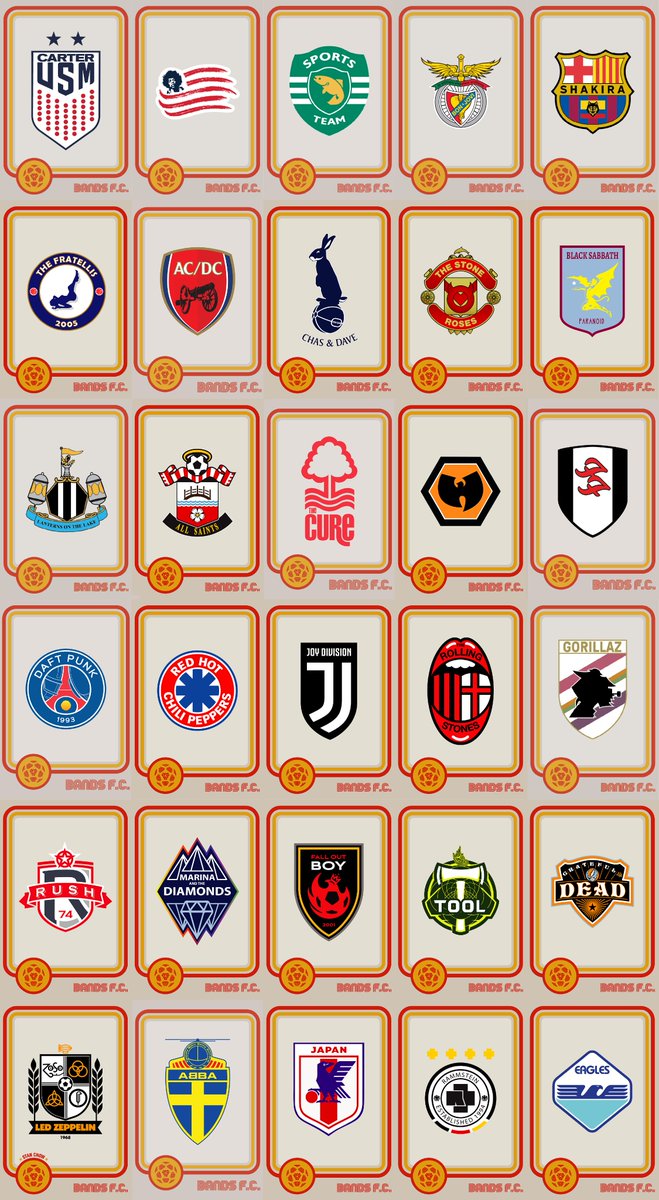 DuvioStudio's tweet image. This is @_Bands_FC, a collection of crests that are a fusion of musician/band iconography &amp;amp; existing football team logos.

Below is just a small cluster of their 400+ collection.

Link to their website: bandsfc.com

#bandsfc #logo #logodesign #football #soccer #music