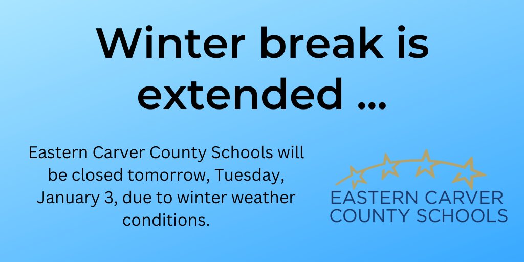 Eastern Carver County Schools will be closed tomorrow, Tuesday (1/3), due to winter weather conditions
- Club Care will be closed
- All Preschool and E.C.F.E. programs are canceled for Tuesday
- All before- and after-school activities, athletics, performances, events are canceled
