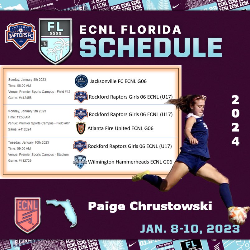 Paige Chrustowski (@paigechrustowsk) on Twitter photo I’m so excited for the upcoming ECNL Florida showcase! Looking forward to playing with my talented teammates against great competition. This is my schedule! Come out & watch the U17 Rockford Raptors. <a href="/RRaptorsfc/">RockfordRaptorsfc</a> <a href="/ECNLgirls/">ECNL Girls</a> <a href="/TopDrawerSoccer/">TopDrawerSoccer</a> <a href="/ImYouthSoccer/">ECNL/GA/Recruiting/College Soccer</a> I’m so excited for the upcoming ECNL Florida showcase! Looking forward to playing with my talented teammates against great competition. This is my schedule! Come out & watch the U17 Rockford Raptors. <a href="/RRaptorsfc/">RockfordRaptorsfc</a> <a href="/ECNLgirls/">ECNL Girls</a> <a href="/TopDrawerSoccer/">TopDrawerSoccer</a> <a href="/ImYouthSoccer/">ECNL/GA/Recruiting/College Soccer</a>