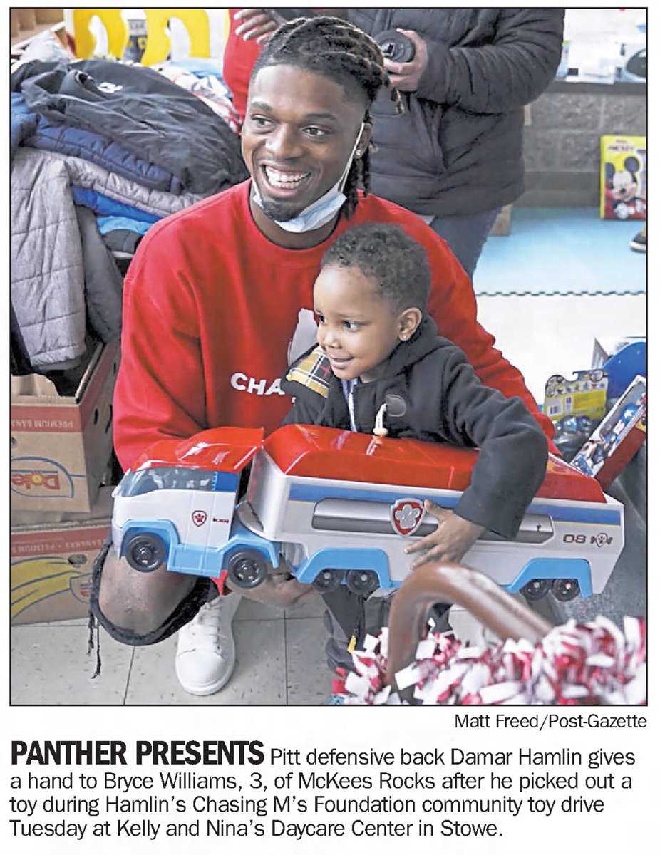 In 2020, at the end of his final year at Pitt, Damar Hamlin organized a toy drive for kids in his hometown of McKees Rocks, Pa. This is the young man who went down on the field tonight in Cincinnati. He is a man; not a number on a jersey. Prayers for Damar.