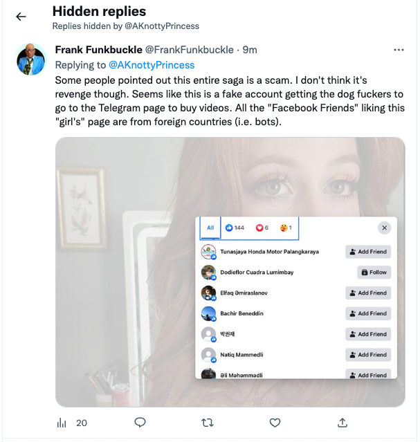 AdvantageHypno's tweet photo. @MemeTemplar @vartojas @AKnottyPrincess As soon as someone called it out as a scam "she" blocked him. Check the hidden replies on her most recent post (1 hour ago from my typing). https://t.co/yT7qMT6yBz