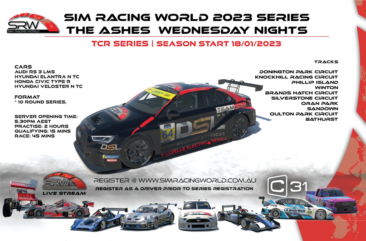 Sim Racing World "The Ashes" 2023 season 1 is now open to register!
Our season continues on Wednesday 18/01/2023 kicking off a doubleheader broadcast with our last season's favorites, the TCR! 
#iracing #tcr #theashes
