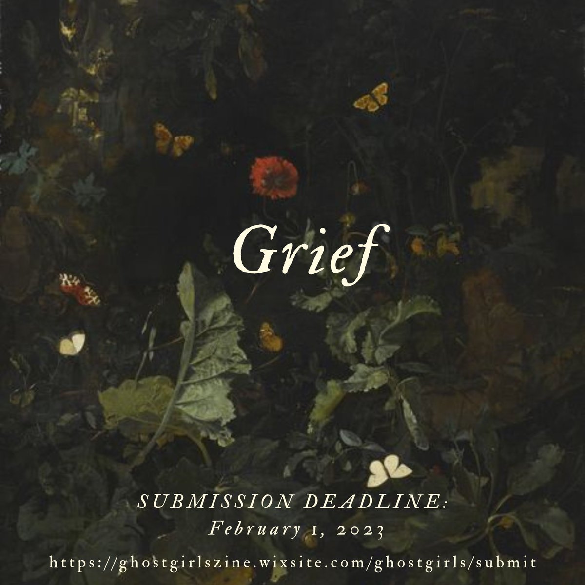 Happy New Year, y'all! Ghost Girls is opening submissions for our 3rd volume, Grief! We are looking for poetry, visual art, and writing of all kinds. Submit via the link in our bio or in thread, deadline is Feb 1st

#poetry #submissionsopen #opensubs #zine #art #writer #Grief