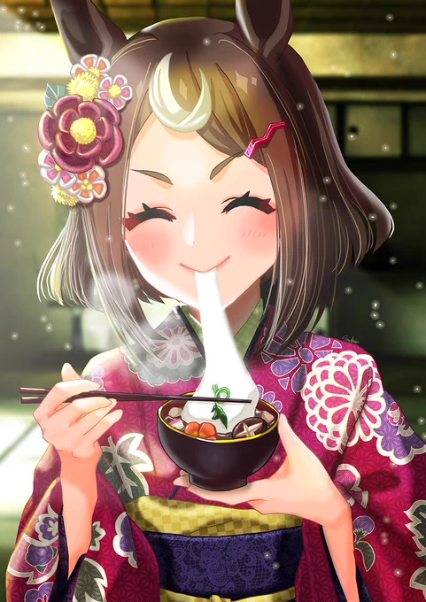 お雑煮を食べるツルマルツヨシちゃんどうしようかと思って結局3パターン作ってしまったw#ウマ娘#ウマ娘プリティーダービー #ツルマルツヨシ#お正月イラスト 