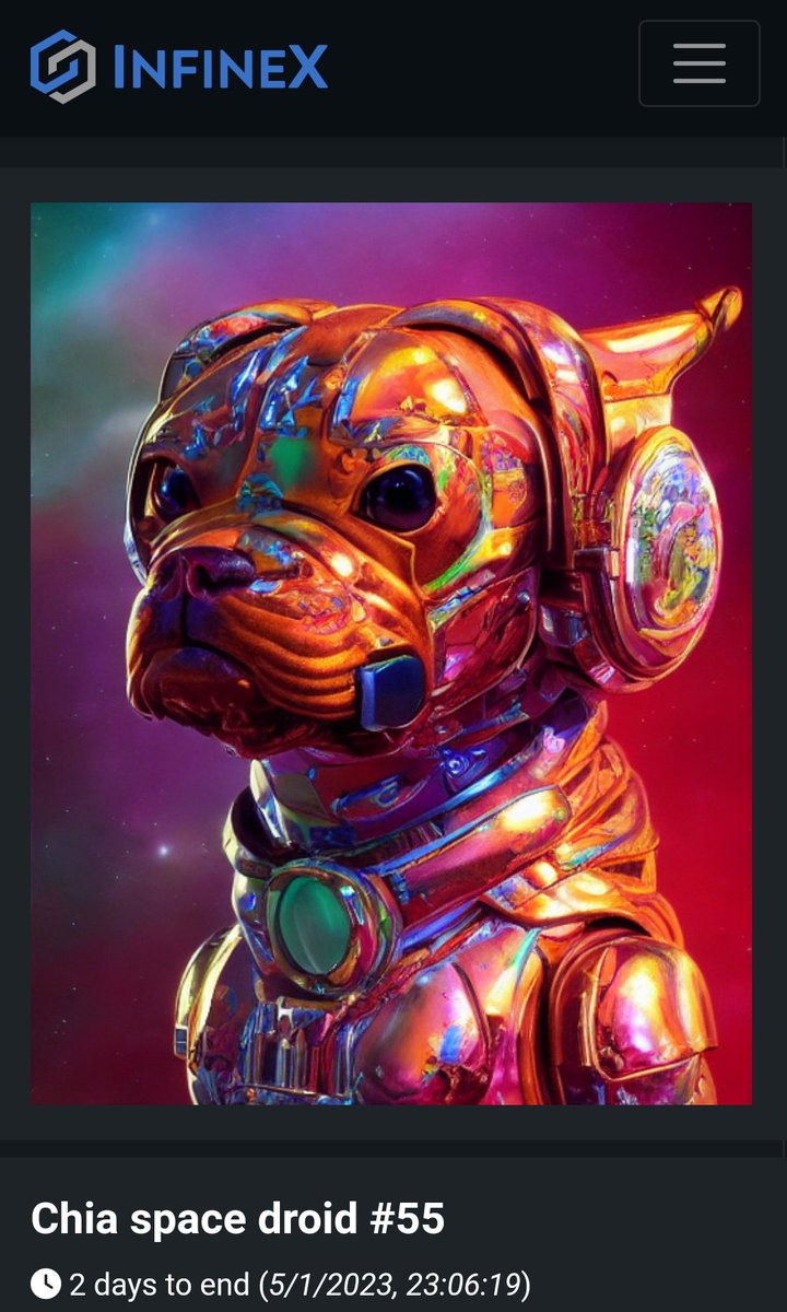 Coinciding with the 200 followers ❤️🌱🕺  We have auction of these two Chia Space Droids.

To make things easier, the auctions are done from the platform @InfinexExchange

starting price of both 🌱🌌🤖 0.07 xch

Link auction 👇👇👇
infinex.cc/nft/offer/87

#NFTProject #XCH