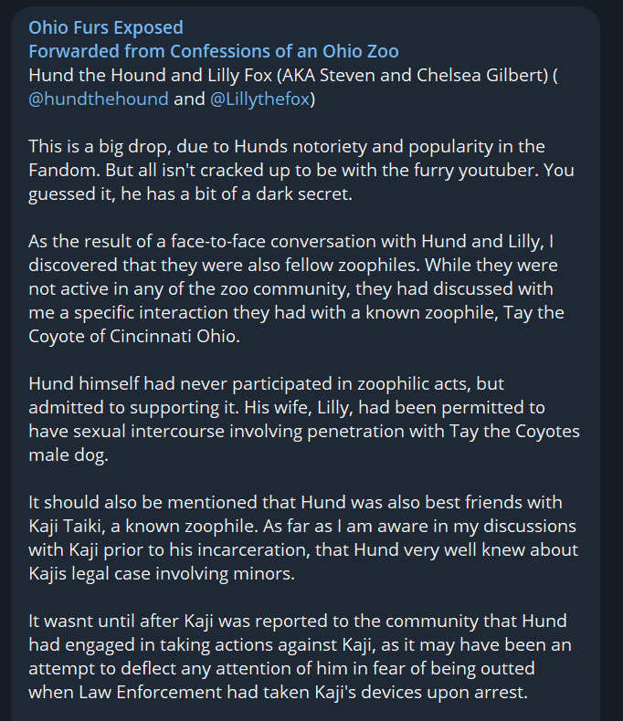 OhioFursExposed's tweet photo. hundthehound and lillythefox are known in the Ohio Furs community for organizing meets and running a camp. There's questions which need to be answered regarding zoophilia and pedophilia. Moira Brex / Nightshine has stated she was rap*d by Hund while he was babysitting. 1/2 https://t.co/flfaXLhGNW