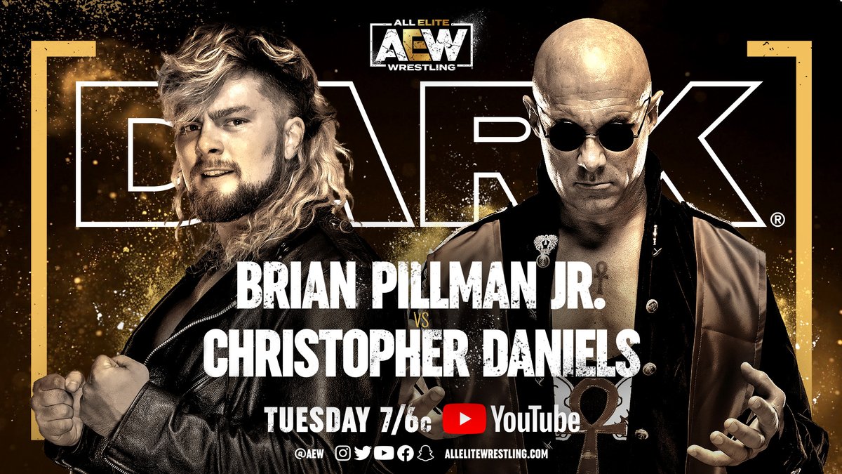 AEW's tweet image. We've got a HUGE episode of #AEWDark lined up for TONIGHT at 7/6c on YouTube.com/AEW!
See @facdaniels v @FlyinBrianJr, plus #DarkOrder's @YTAlexReynolds &amp;amp; @SilverNumber1, Ryan Nemeth, @SonnyKissXO &amp;amp; @isThatVsK in action, and SO MUCH MORE!